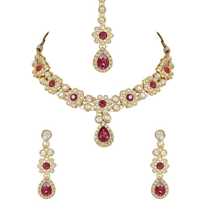 Women's 18K Gold Plated Traditional Floral Design Kundan Stones Studed Necklace Jewellery Set with Earrings & Maang Tikka