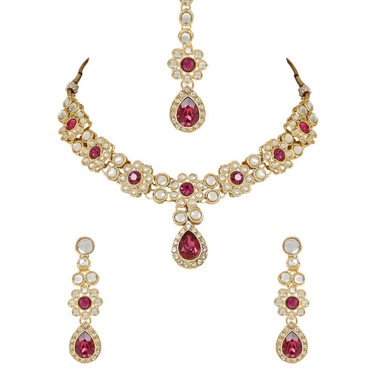Women's 18K Gold Plated Traditional Floral Design Kundan Stones Studed Necklace Jewellery Set with Earrings & Maang Tikka
