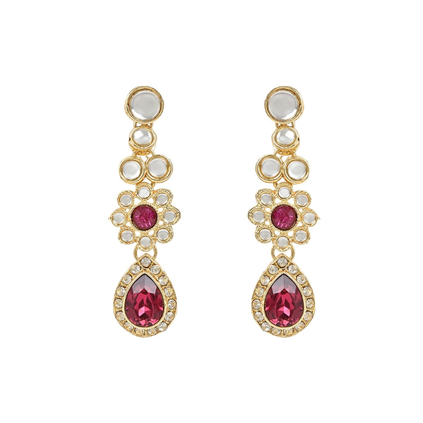Women's 18K Gold Plated Traditional Floral Design Kundan Stones Studed Necklace Jewellery Set with Earrings & Maang Tikka