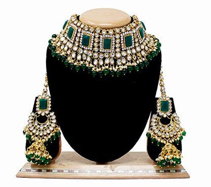 Women's 18kgold plated traditional handcrafted faux kundan pearl studded bridal necklace set with earrings maangtikkaij401w