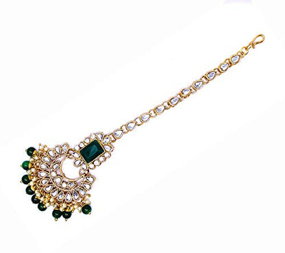 Women's 18kgold plated traditional handcrafted faux kundan pearl studded bridal necklace set with earrings maangtikkaij401w