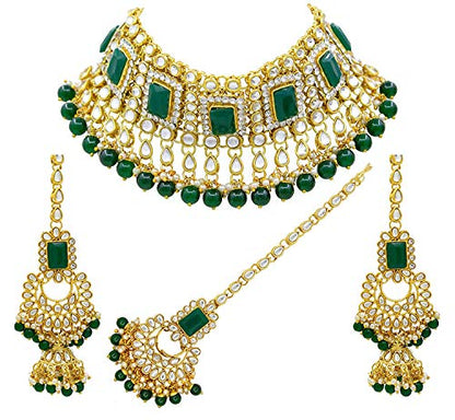 Women's 18kgold plated traditional handcrafted faux kundan pearl studded bridal necklace set with earrings maangtikkaij401w