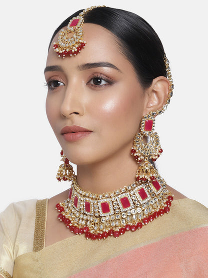 Women's 18kgold plated traditional handcrafted faux kundan pearl studded bridal necklace set with earrings maangtikkaij401w