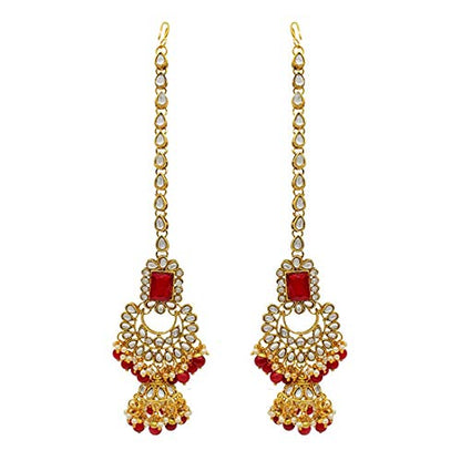Women's 18kgold plated traditional handcrafted faux kundan pearl studded bridal necklace set with earrings maangtikkaij401w