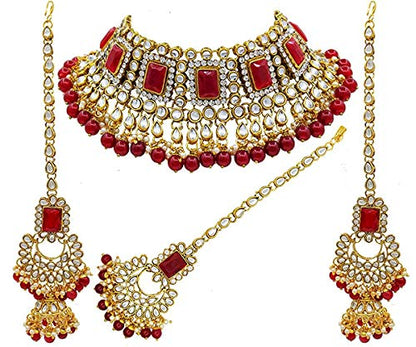 Women's 18kgold plated traditional handcrafted faux kundan pearl studded bridal necklace set with earrings maangtikkaij401w