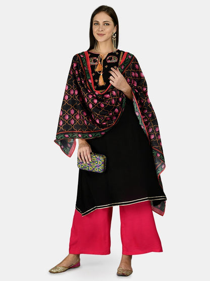 Women's Black Rayon Printed 3/4 Sleeve Round Neck Casual Kurta Palazzo Dupatta Set