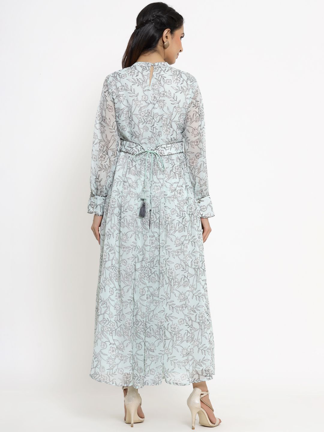 Women's Sagegreen Alphin Chiffon Flared Printed Dress With Tie-up Blet