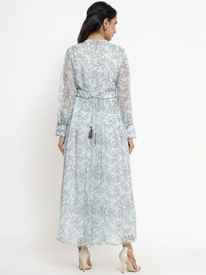 Women's Sagegreen Alphin Chiffon Flared Printed Dress With Tie-up Blet