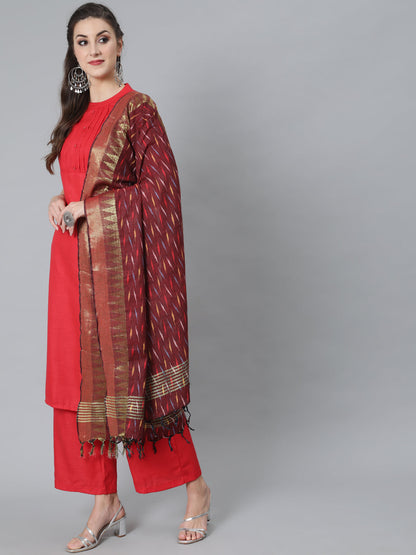 Women's Maroon Ikat Designed Dupatta