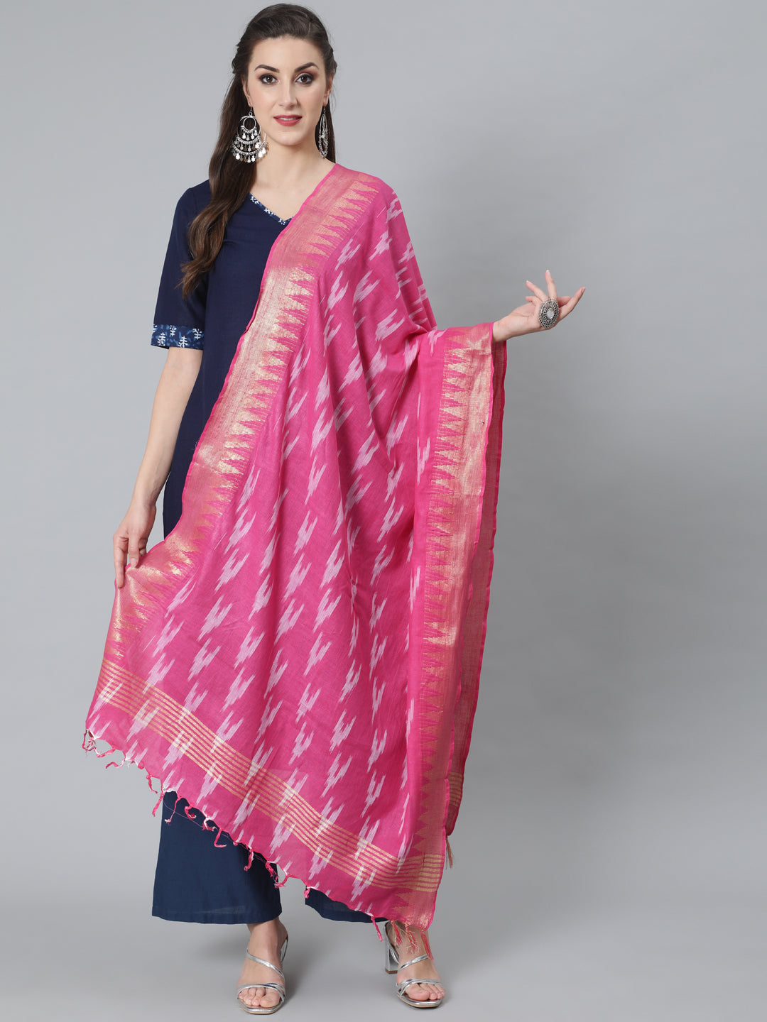 Women's Pink Zari Work Ikat Designed Dupatta