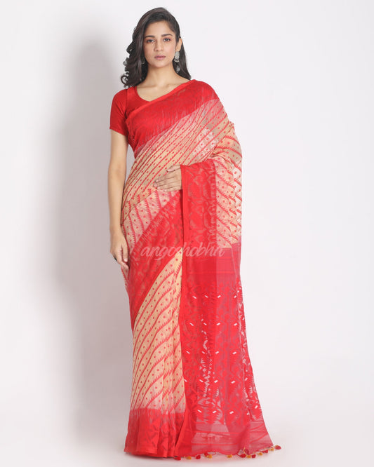 Women's Beige Jecquard Jamdani Saree