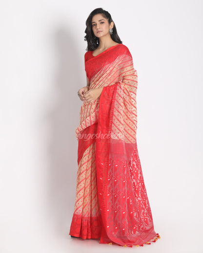 Women's Beige Jecquard Jamdani Saree