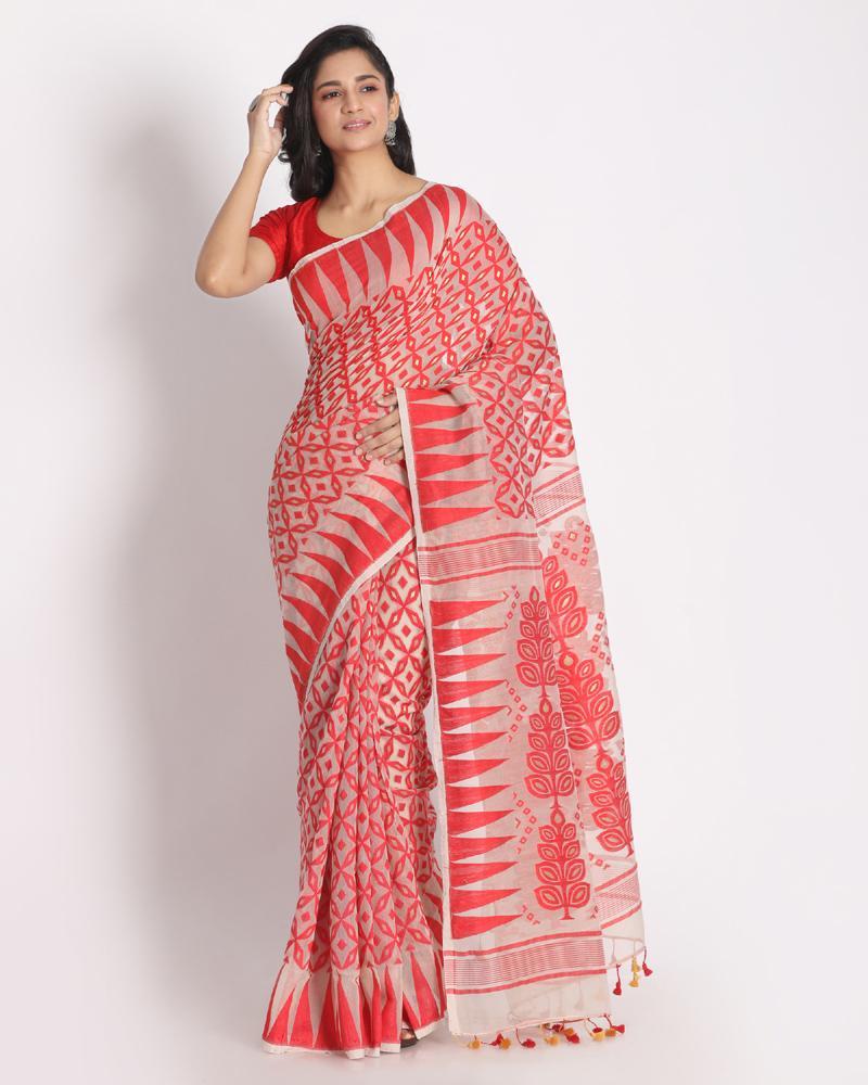 Women's Ivory Jecquard Jamdani Saree