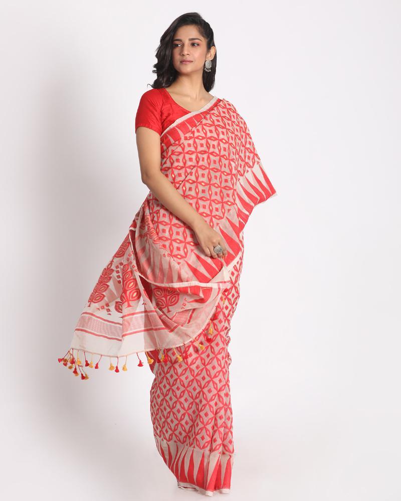 Women's Ivory Jecquard Jamdani Saree