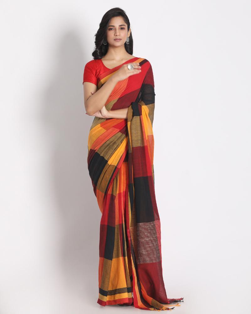 Women's Multi Colour Handloom Cotton Saree Ghicha pallu