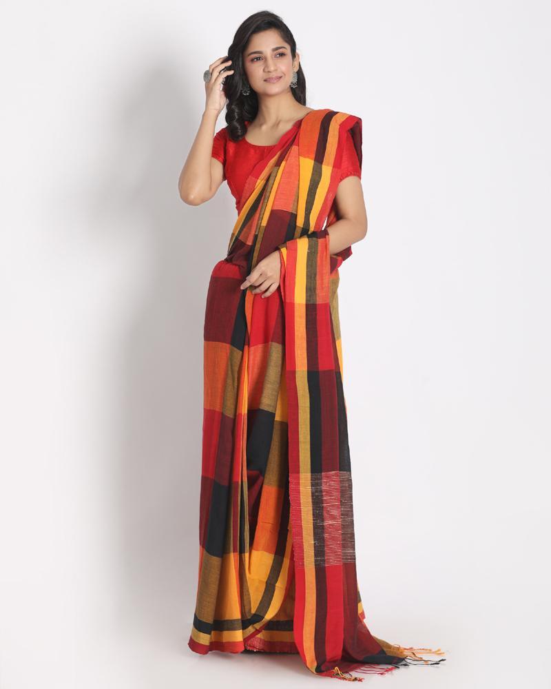 Women's Multi Colour Handloom Cotton Saree Ghicha pallu