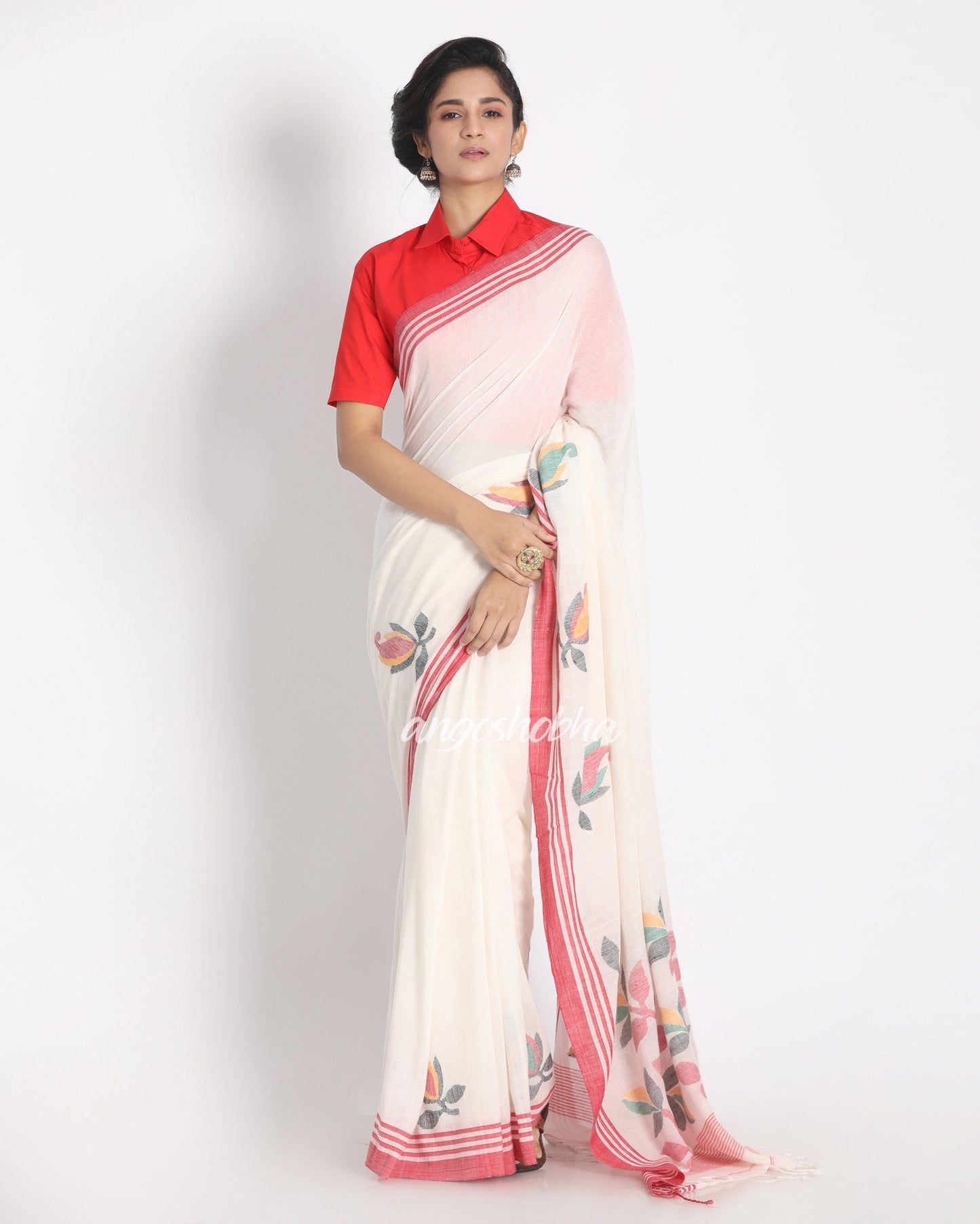 Women's Red Border White Jamdhani Organic Cotton Saree With Unstitched Blouse