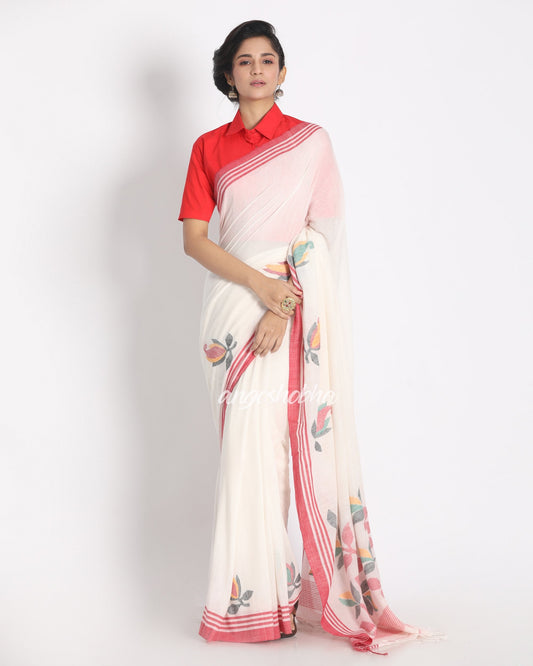 Women's Red Border White Jamdhani Organic Cotton Saree With Unstitched Blouse