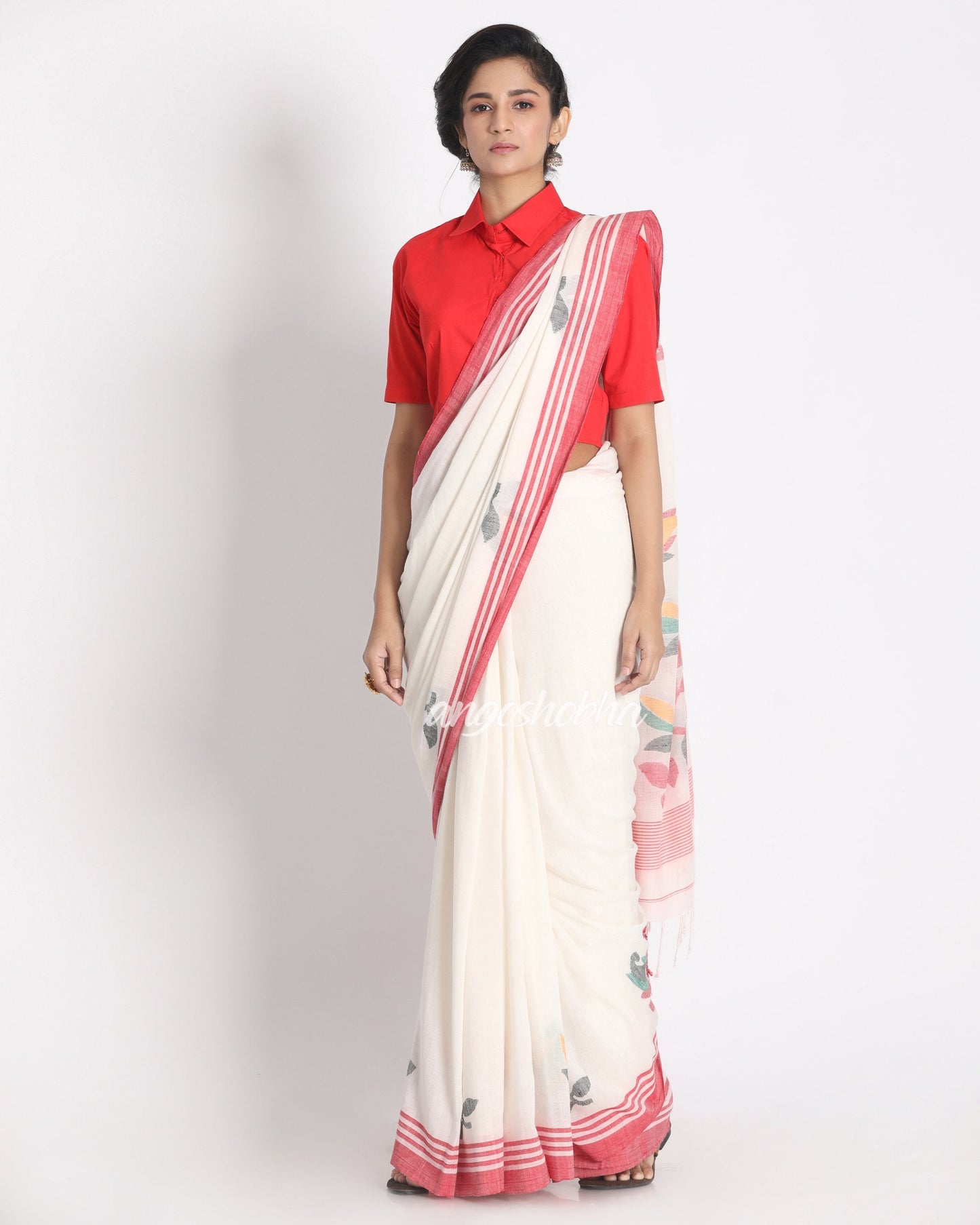 Women's Red Border White Jamdhani Organic Cotton Saree With Unstitched Blouse