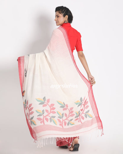 Women's Red Border White Jamdhani Organic Cotton Saree With Unstitched Blouse