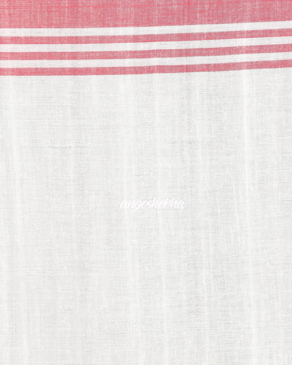 Women's Red Border White Jamdhani Organic Cotton Saree With Unstitched Blouse