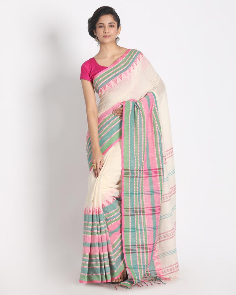 Women's Border Soft Sage Begampuri Organic Cotton Saree