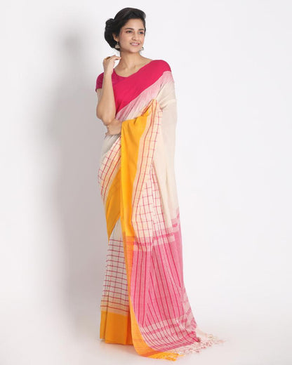 Women's Ganga Jamuna Taitai Border Off White Handloom Cotton Saree