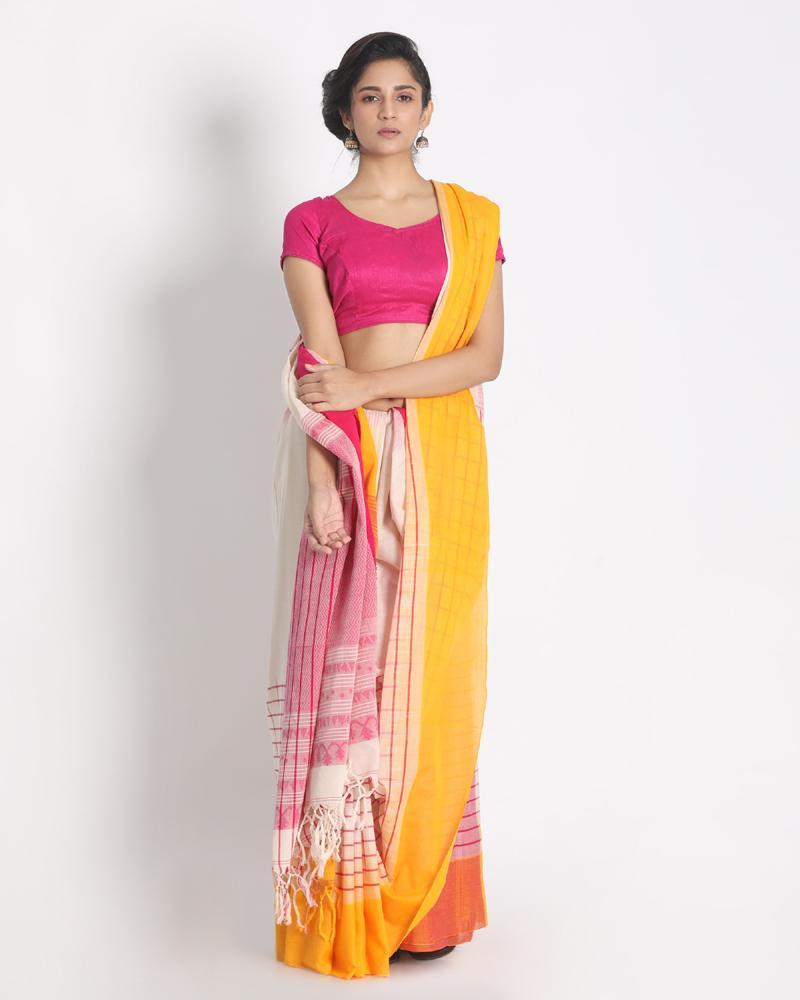 Women's Ganga Jamuna Taitai Border Off White Handloom Cotton Saree