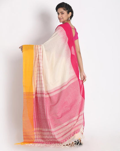 Women's Ganga Jamuna Taitai Border Off White Handloom Cotton Saree