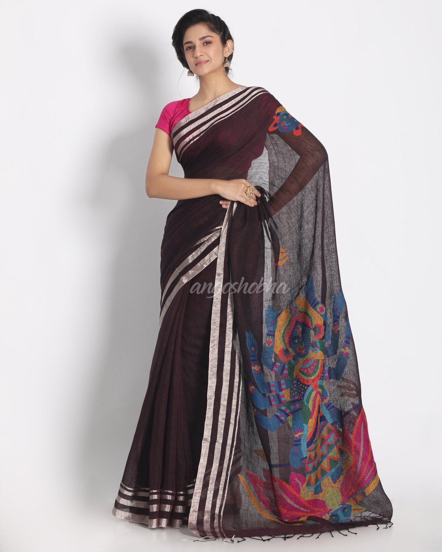 Women's Silver Jori Border Wine Linen Saree With Hand Weaving Pallu With With Unstitched Blouse