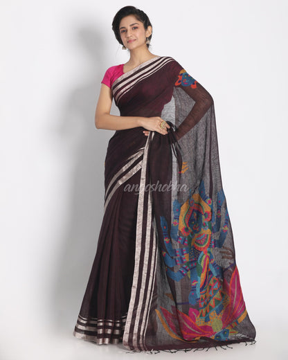 Women's Silver Jori Border Wine Linen Saree With Hand Weaving Pallu With With Unstitched Blouse
