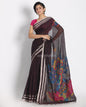 Women's Silver Jori Border Wine Linen Saree With Hand Weaving Pallu With With Unstitched Blouse