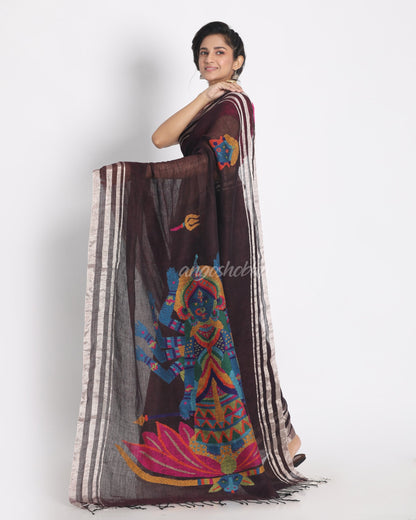 Women's Silver Jori Border Wine Linen Saree With Hand Weaving Pallu With With Unstitched Blouse