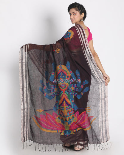 Women's Silver Jori Border Wine Linen Saree With Hand Weaving Pallu With With Unstitched Blouse