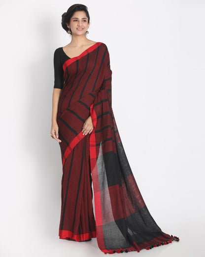 Women's All Over Jekhard Work Black Red Check Cotton Saree