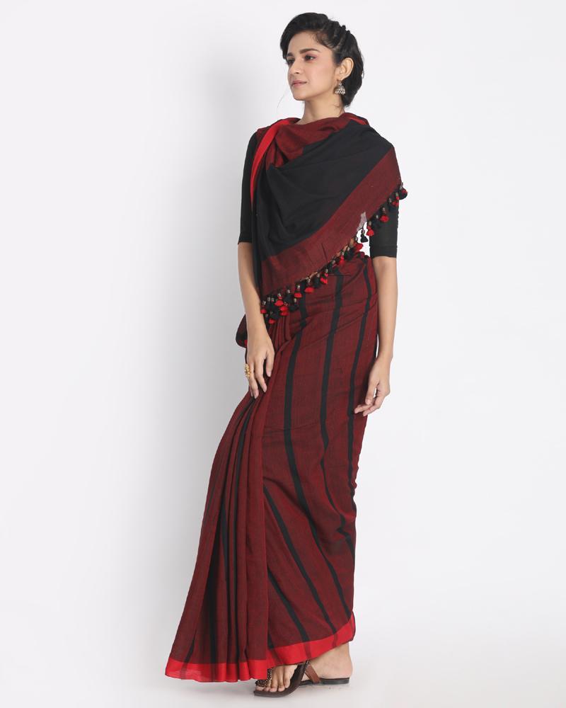 Women's All Over Jekhard Work Black Red Check Cotton Saree