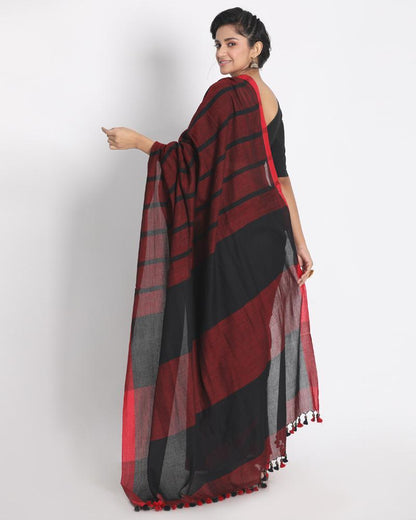 Women's All Over Jekhard Work Black Red Check Cotton Saree