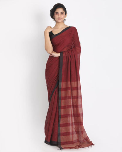 Women's Black Border Maroon Black Small Check Cotton Saree Pallu Stripe