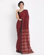 Women's Black Border Maroon Black Small Check Cotton Saree Pallu Stripe