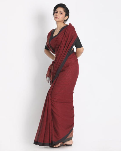 Women's Black Border Maroon Black Small Check Cotton Saree Pallu Stripe