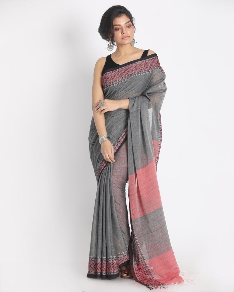 Women's Red Jacquard Work Border Grey Cotton Handloom Saree with Blouse