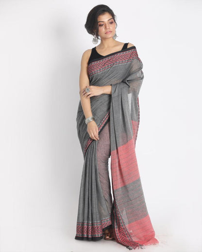Women's Red Jacquard Work Border Grey Cotton Handloom Saree with Blouse