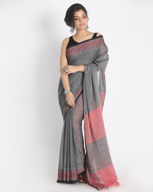 Women's Red Jacquard Work Border Grey Cotton Handloom Saree with Blouse