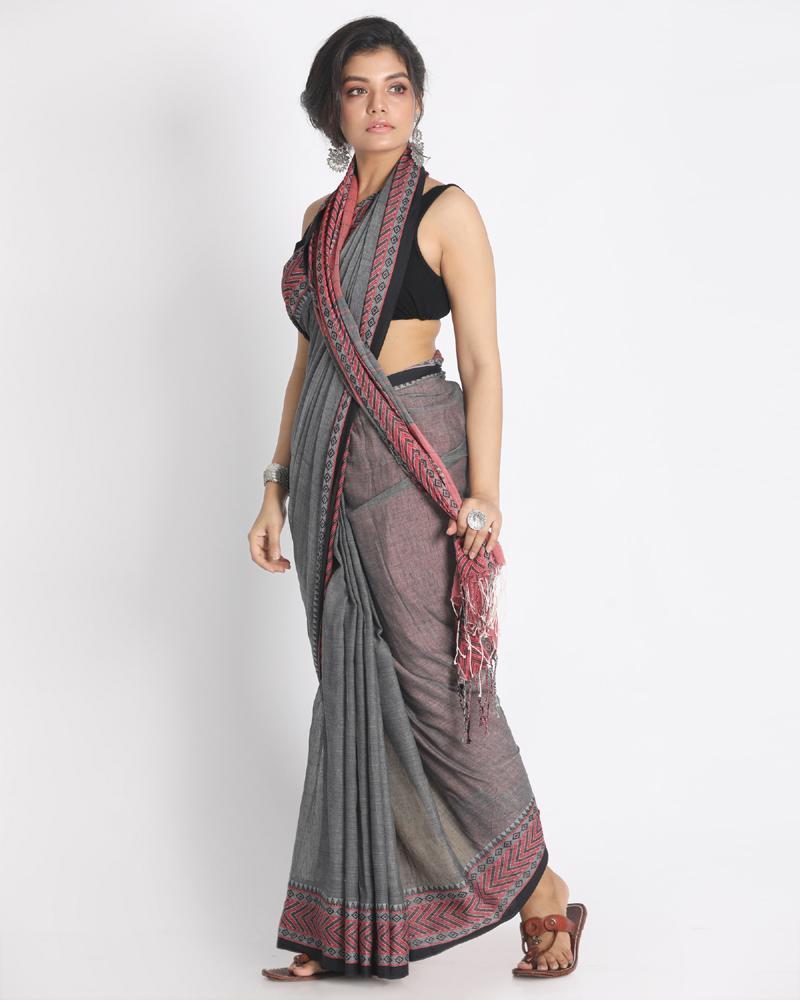 Women's Red Jacquard Work Border Grey Cotton Handloom Saree with Blouse