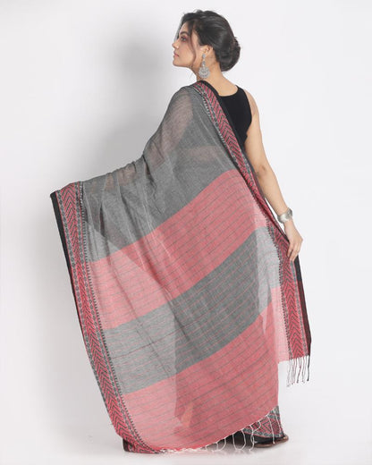 Women's Red Jacquard Work Border Grey Cotton Handloom Saree with Blouse