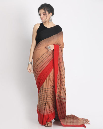 Women's Ganga Jamuna Taitai Border Peach Handloom Cotton saree Jekhard Work Pallu