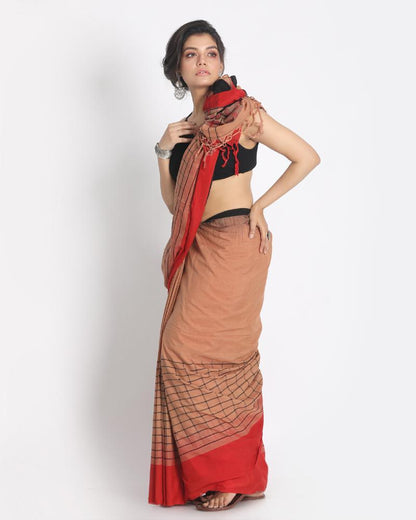 Women's Ganga Jamuna Taitai Border Peach Handloom Cotton saree Jekhard Work Pallu