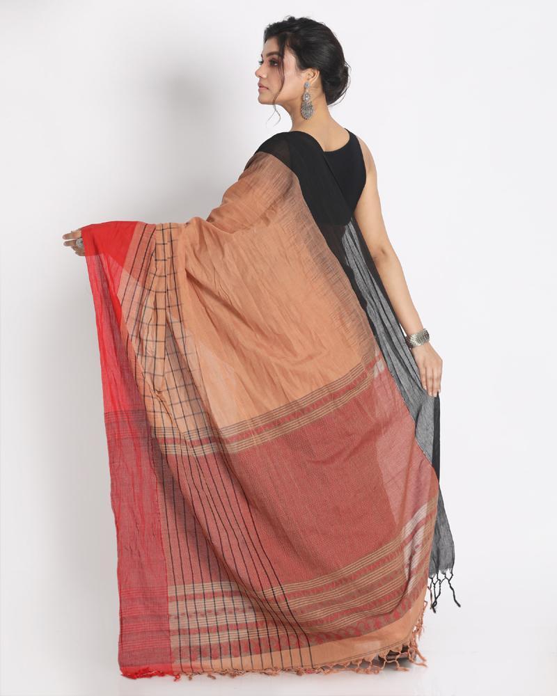 Women's Ganga Jamuna Taitai Border Peach Handloom Cotton saree Jekhard Work Pallu