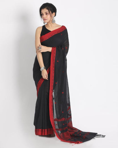 Women's Red Jecquard Work Border black Cotton Saree