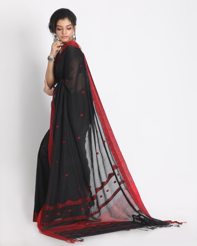 Women's Red Jecquard Work Border black Cotton Saree